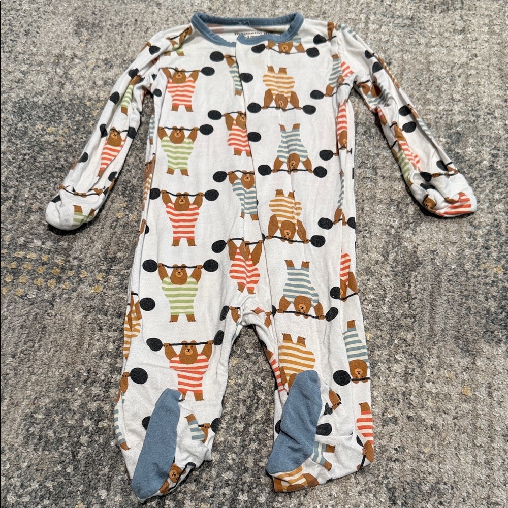 Magnetic Me Striped Bear Print Footie - White, Brown, Orange, Green